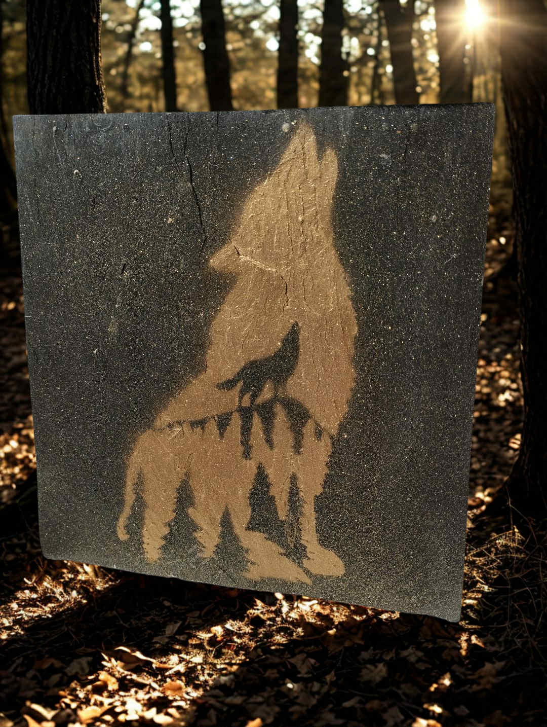 Ardoise double loup hurlant à la lune