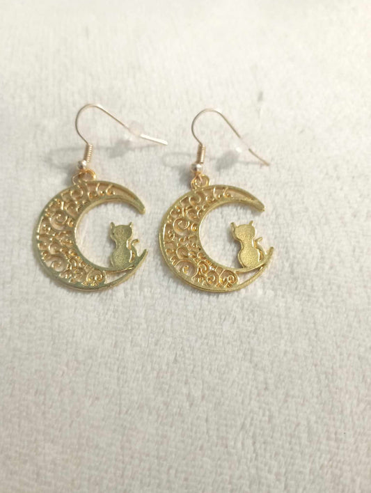 Boucles d'oreilles chat lune doré