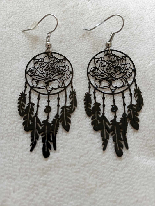 Boucles d'oreilles grand attrape rêve noir