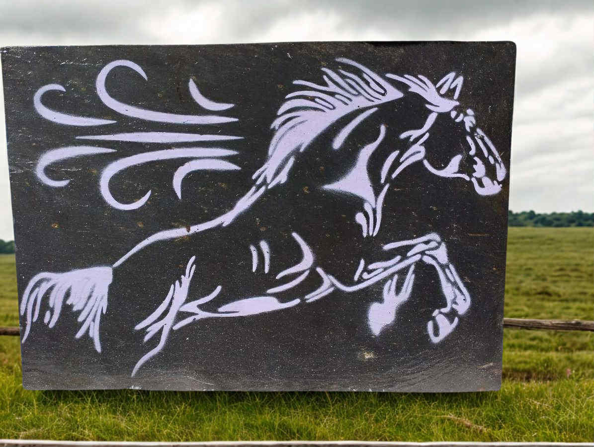 Ardoise déco peinture acrylique cheval sur fond naturel

Décoration murale artisanale en ardoise cheval vernie satiné