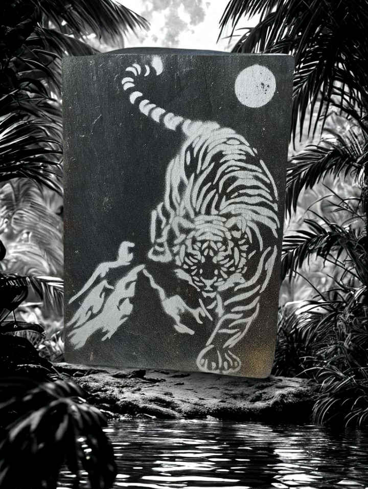 Décoration murale artisanale en ardoise tigre lunaire vernie satiné

Ardoise déco peinture acrylique tigre avec lune