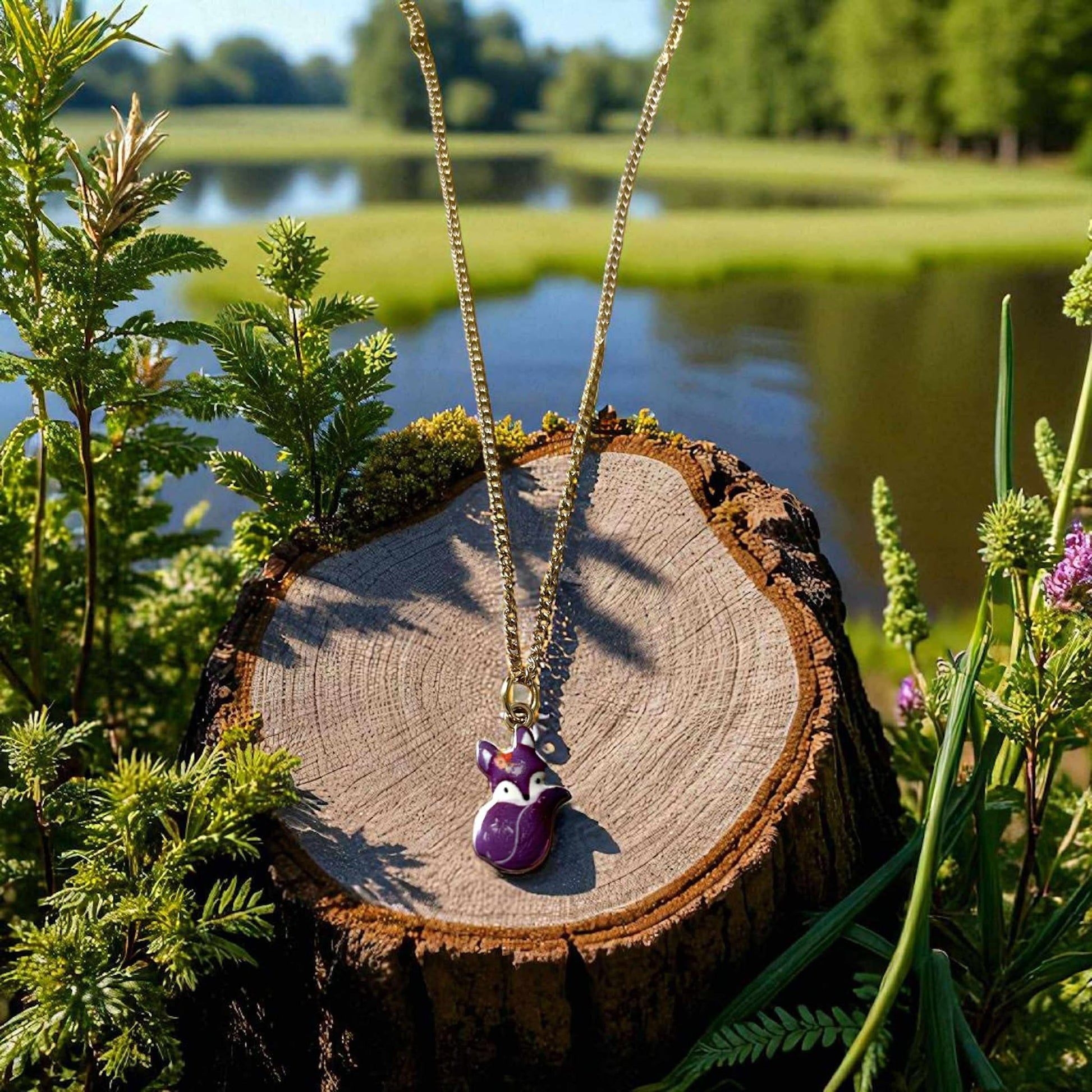 Collier renard violet avec petite fleur sur l’oreille chaîne dorée hypoallergénique

Collier fantaisie renard violet chic et raffiné