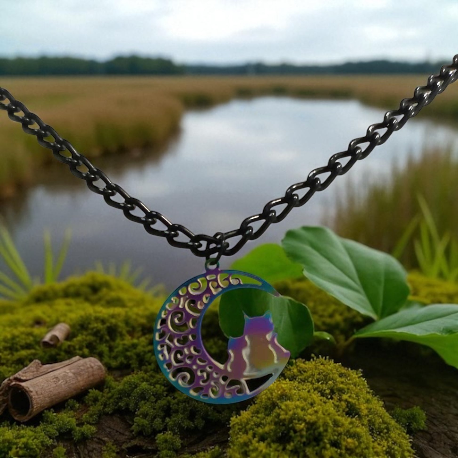 Collier chat sur lune en filigrane multicolore sur chaîne aluminium noir

Bijou fantaisie – pendentif chat coloré sur lune avec chaîne noire
